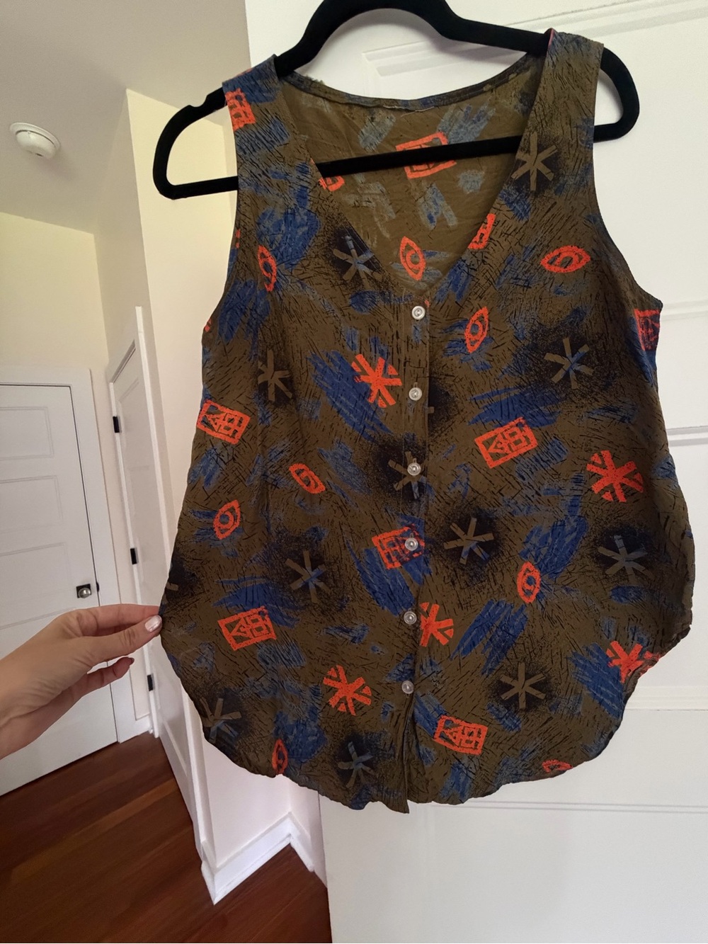 Vintage Olive Green Tank Top with Blue and Red Graphic Prints